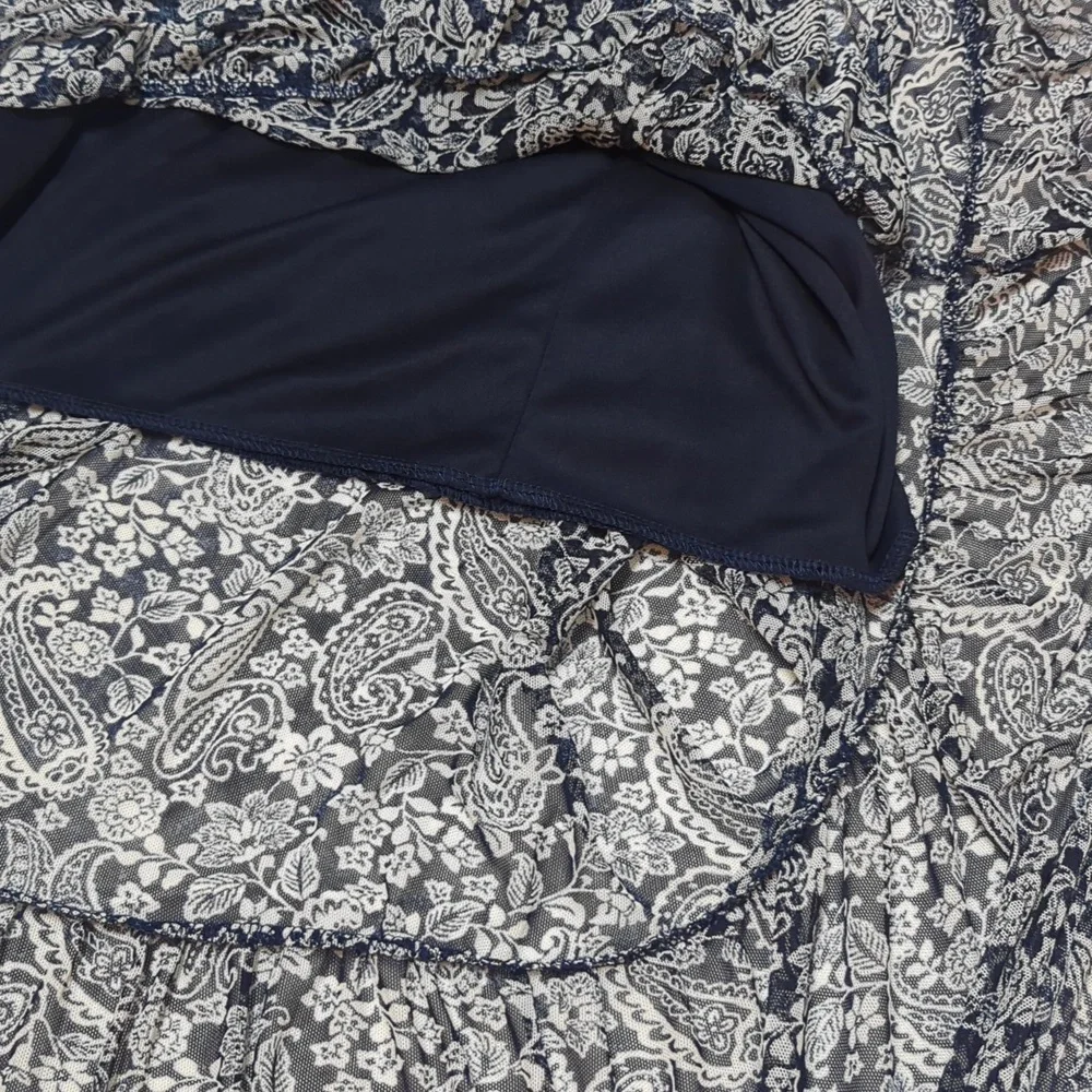 Lavish Navy & White Paisley Boho Semi-Sheer High Waist Pull On Maxi Skirt